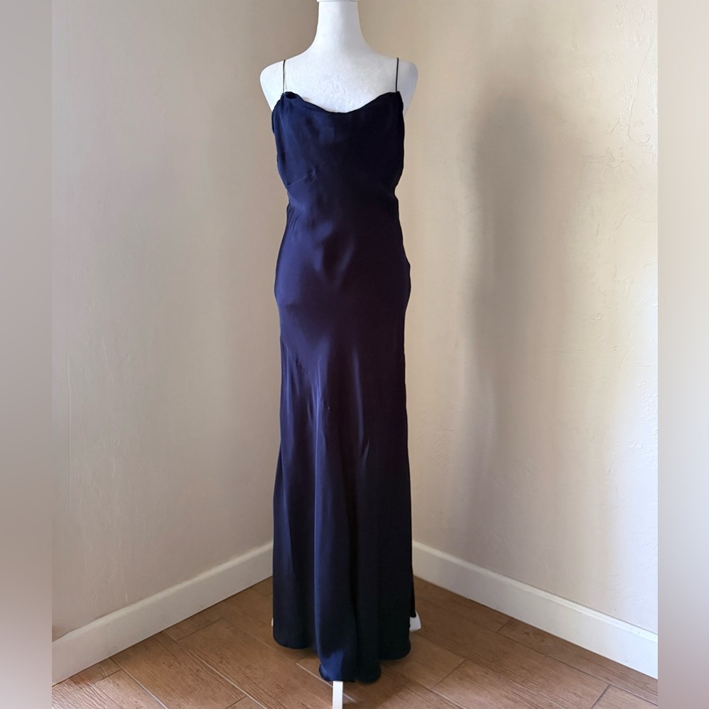 NWT Zara Woman Studio Navy Satin Spaghetti Strap Maxi Slip Dress XS S